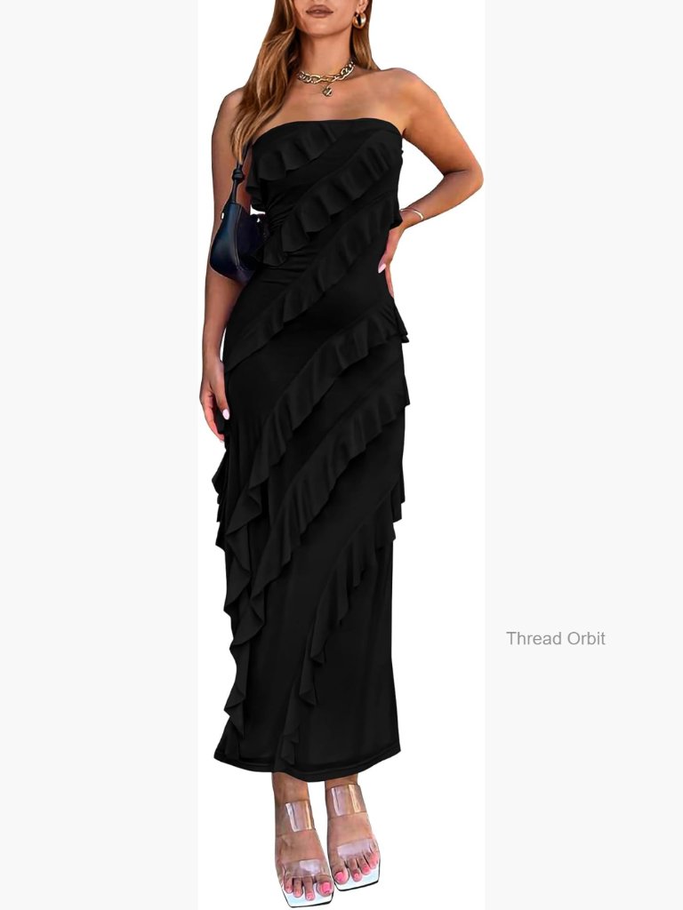 Strapless Midi Bodycon Dress Mesh Fabric Ruched Cocktail Party Formal